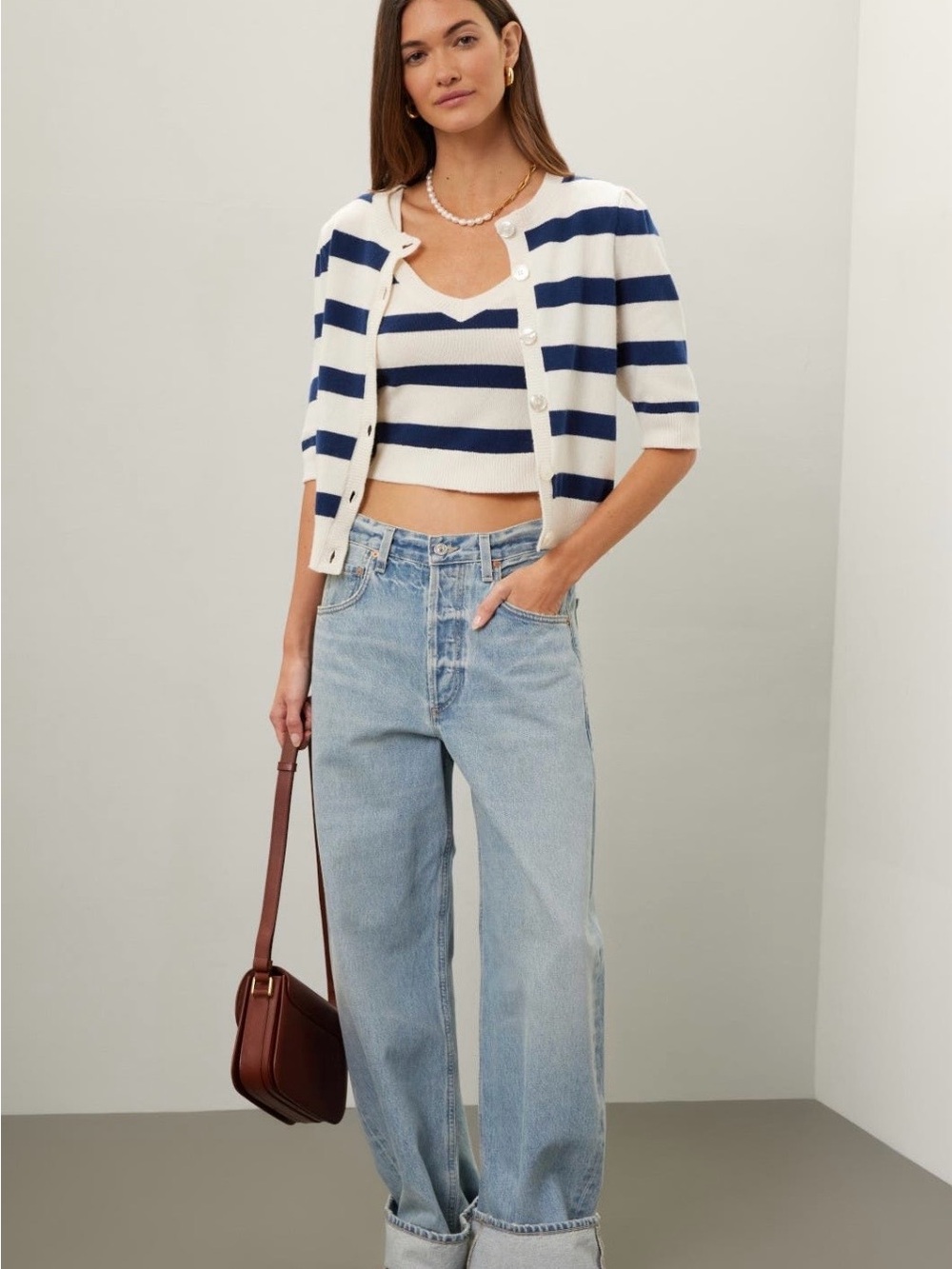 Baum und Pfergarten Striped Navy and Ivory  Knit CellyTop - Women's Cropped Tank